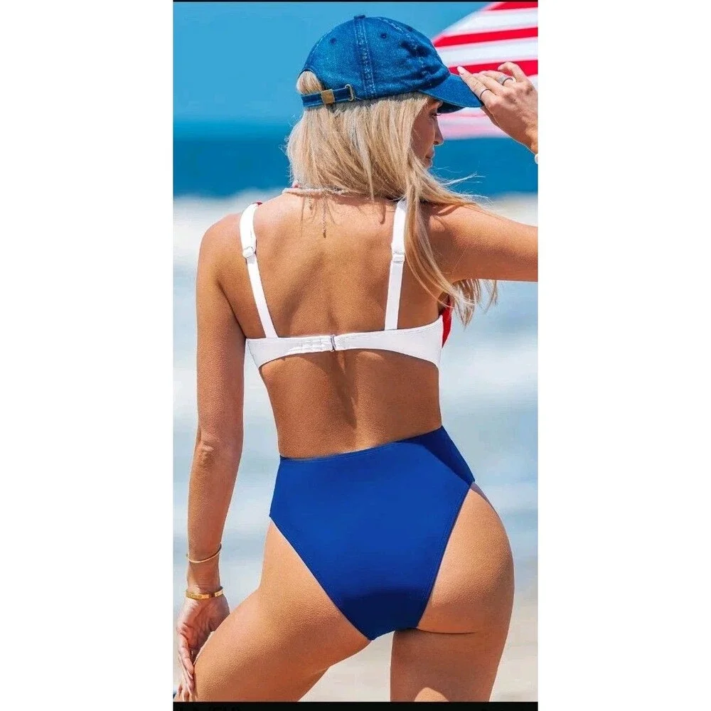 Cupshe Monokini Swimsuit Red White & Blue Sz Med NWT USA Fourth Of July Merica! - Picture 2 of 8